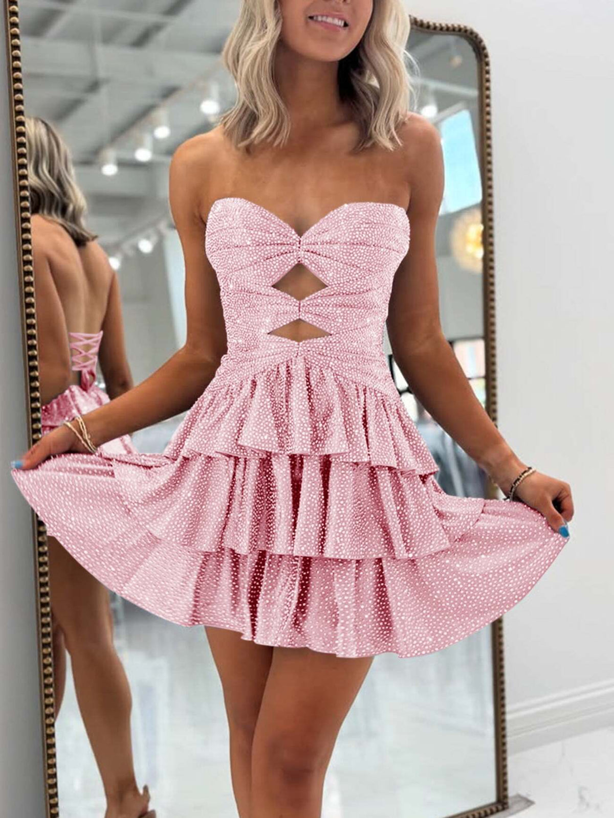 A-Line Strapless Sweetheart Satin Short Homecoming Dress with Keyhole