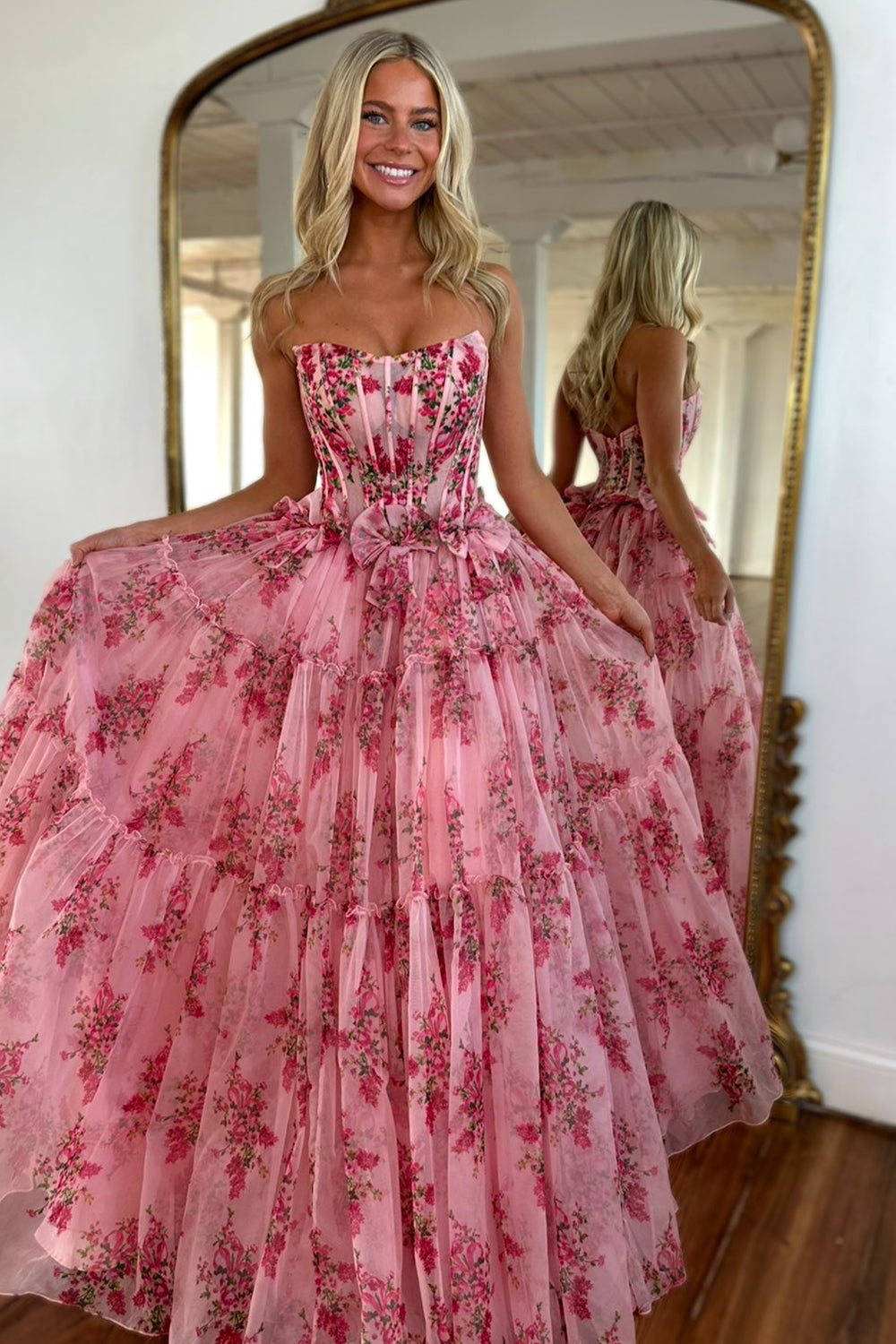 Charming Pink A-Line Strapless Long Print Tulle Prom Party Dress