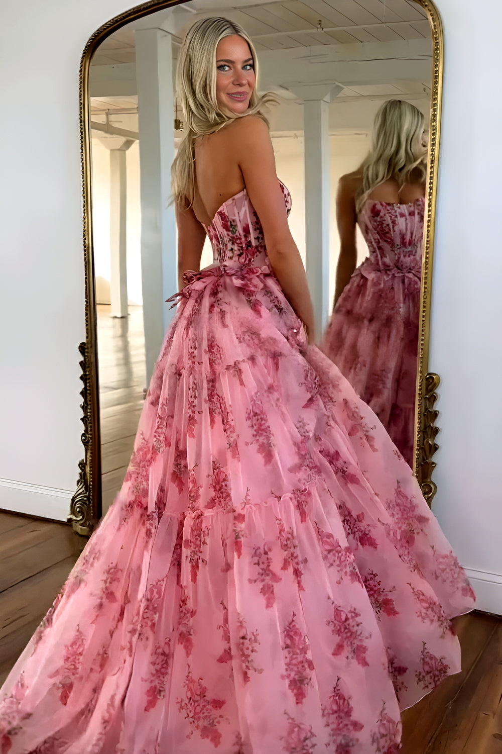 Charming Pink A-Line Strapless Long Print Tulle Prom Party Dress