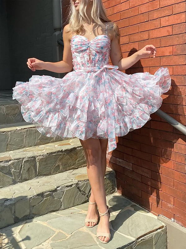 Chiffon Printing Ruffle Mini Ball Gown Homecoming Dress With Bow