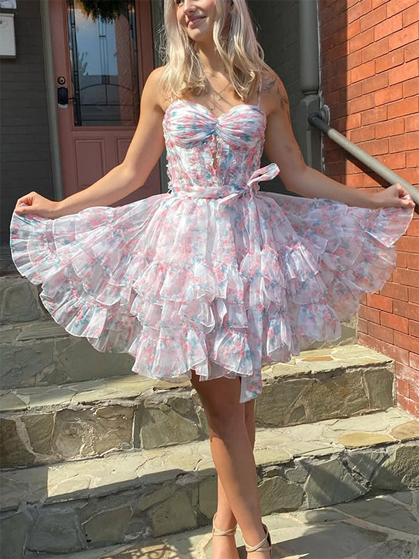 Chiffon Printing Ruffle Mini Ball Gown Homecoming Dress With Bow