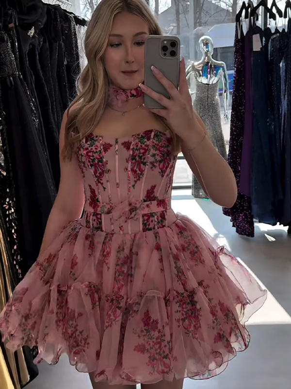 Corset Strapless A-Line Short Homecoming Dress with Ruffles - FashionDia