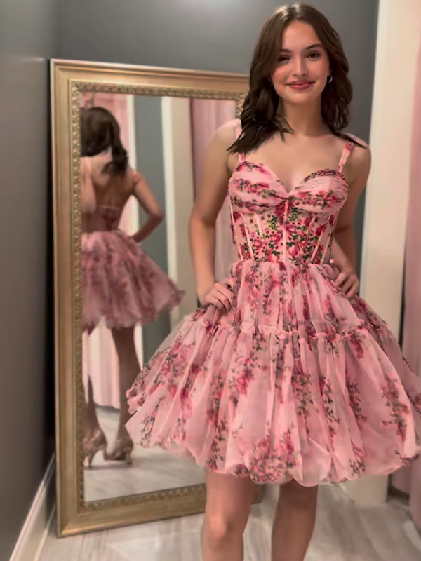 Pink Floral Corset Spaghetti Straps Short Tulle Homecoming Dress