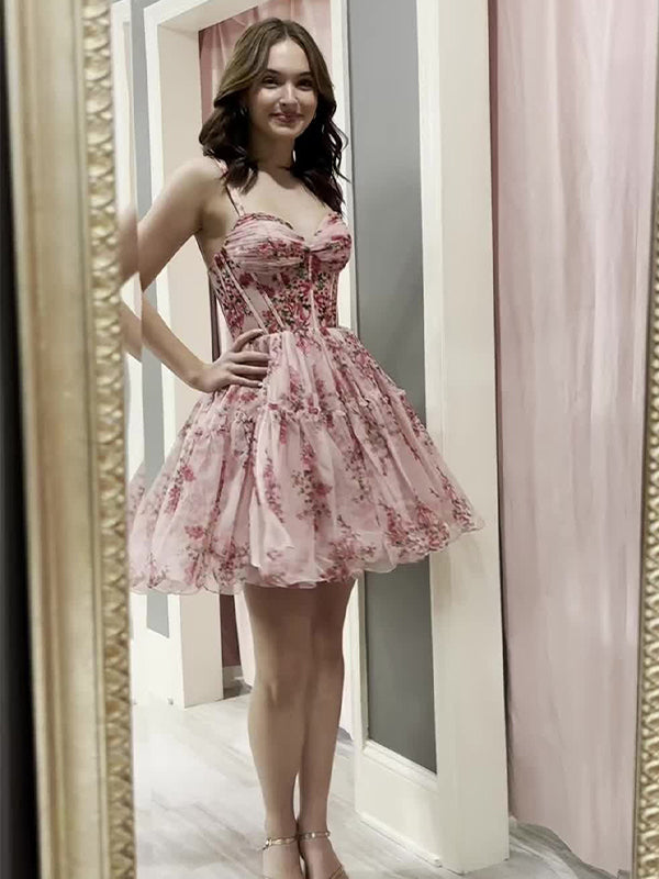 Floral Spaghetti Straps Short Tulle Homecoming Dress