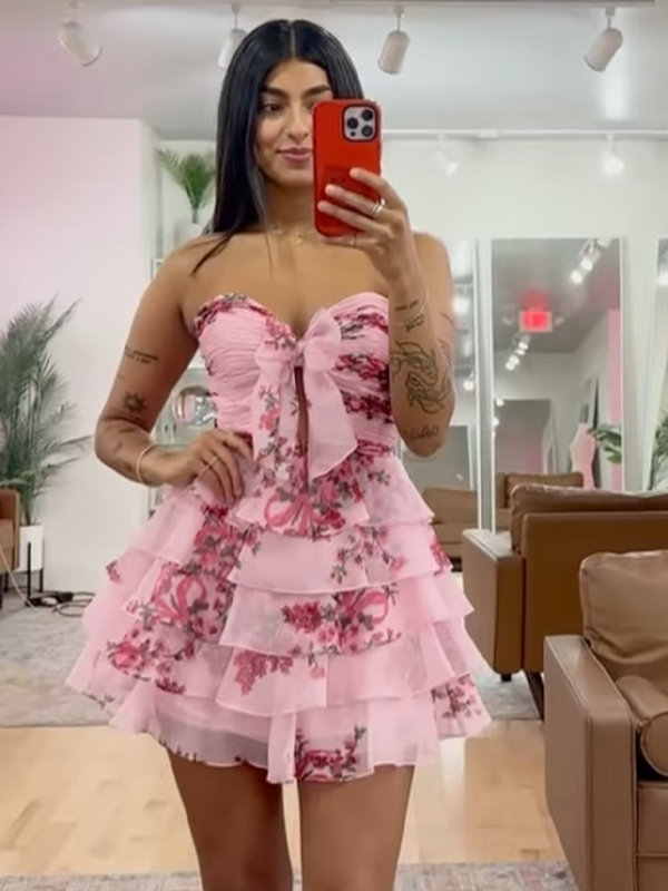 Flower A-Line Tiered Tulle Sweetheart Homecoming Dress - FashionDia