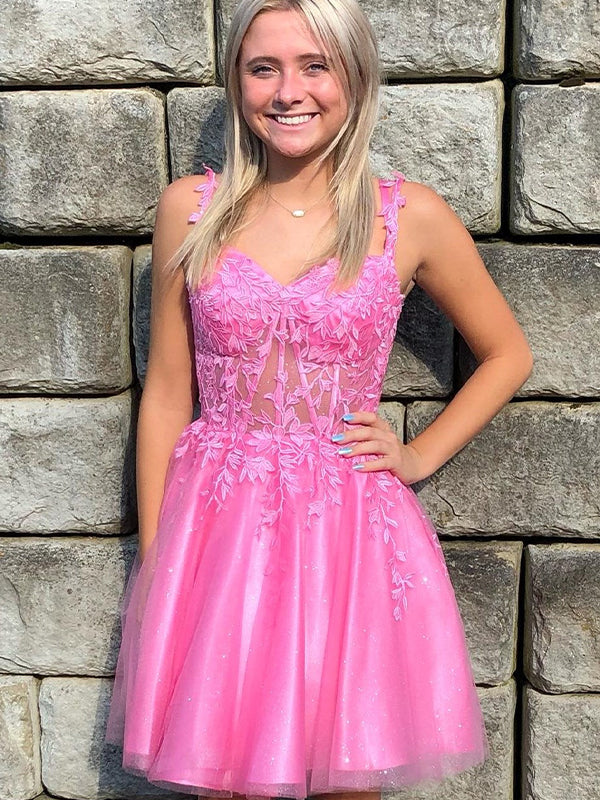 Flower Straps A-line Appliques Tulle Short Homecoming Dress - FashionDia