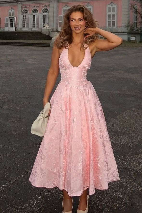 Simple A Line V Neck White Tea Length Party Dress with Corset