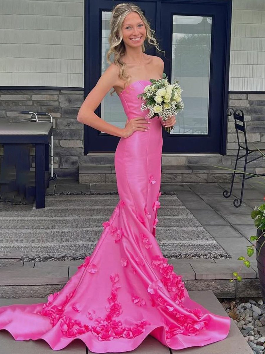 Pink Mermaid Strapless Sleeveless Long Prom Dress with Appliques