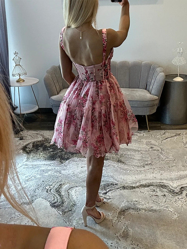 Printing Chiffon Boned Sweetheart Mini Ball Gown Homecoming Dress
