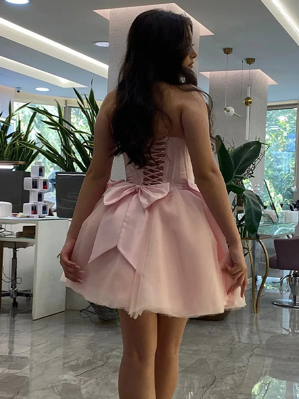 Strapless A-Line Empire-Waist with Bows Pleated Short Homecoming Dress