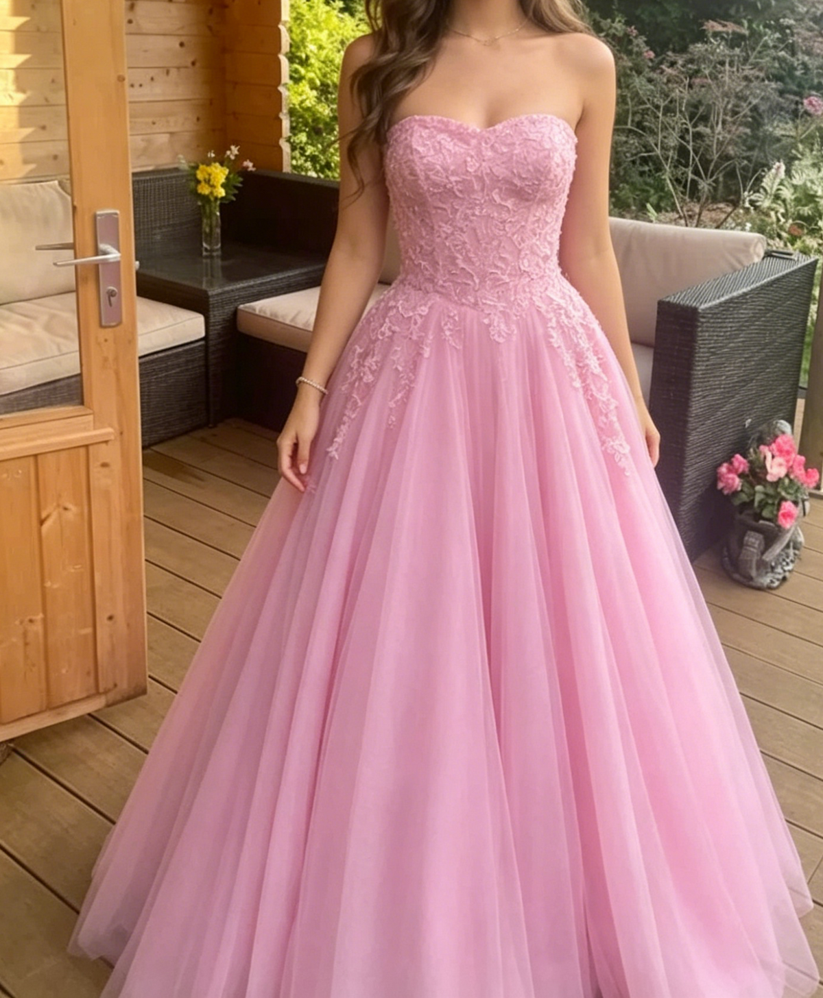 Pink Sweetheart Tulle Long Prom Dress Appliques A-Line Evening Gown