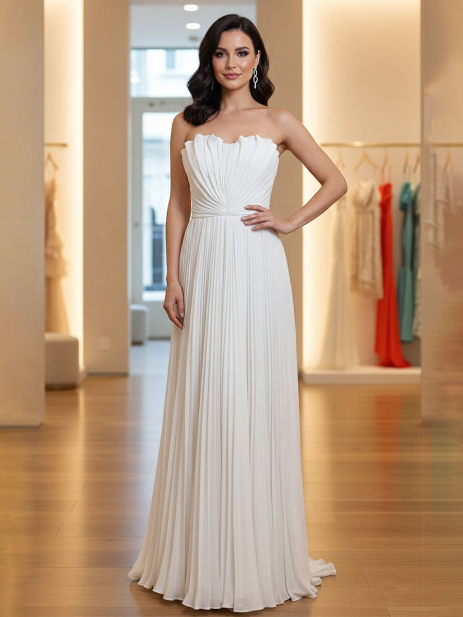Pleated Classic Strapless Sleeveless A-Line Formal Dress