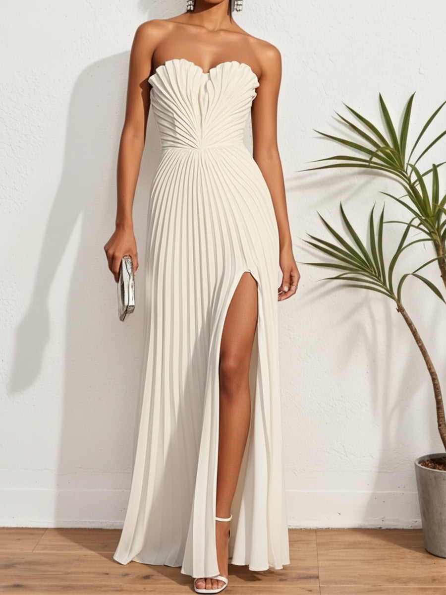 Pleated Classic Strapless Sleeveless A-Line Maxi Dress