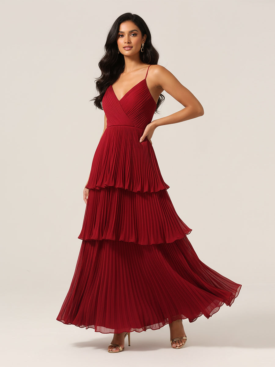 Pleated Tiered V-Neck Bridesmaid Dress with Spaghetti Straps
