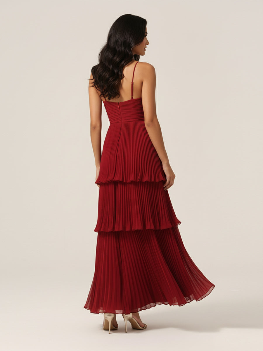 Pleated Tiered V-Neck Bridesmaid Dress with Spaghetti Straps