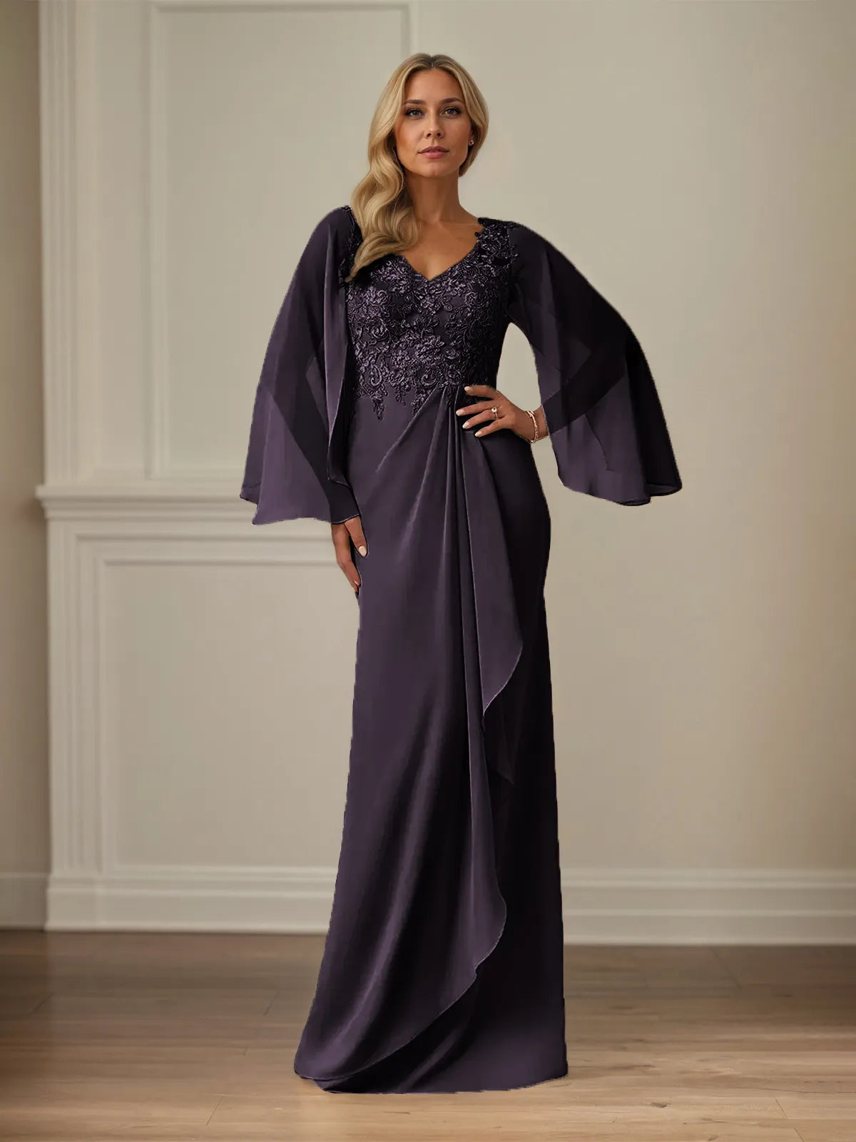 Sheath/Column Chiffon V Neck Long Sleeves Floor Length Mother of the Bride Dresses With Appliques