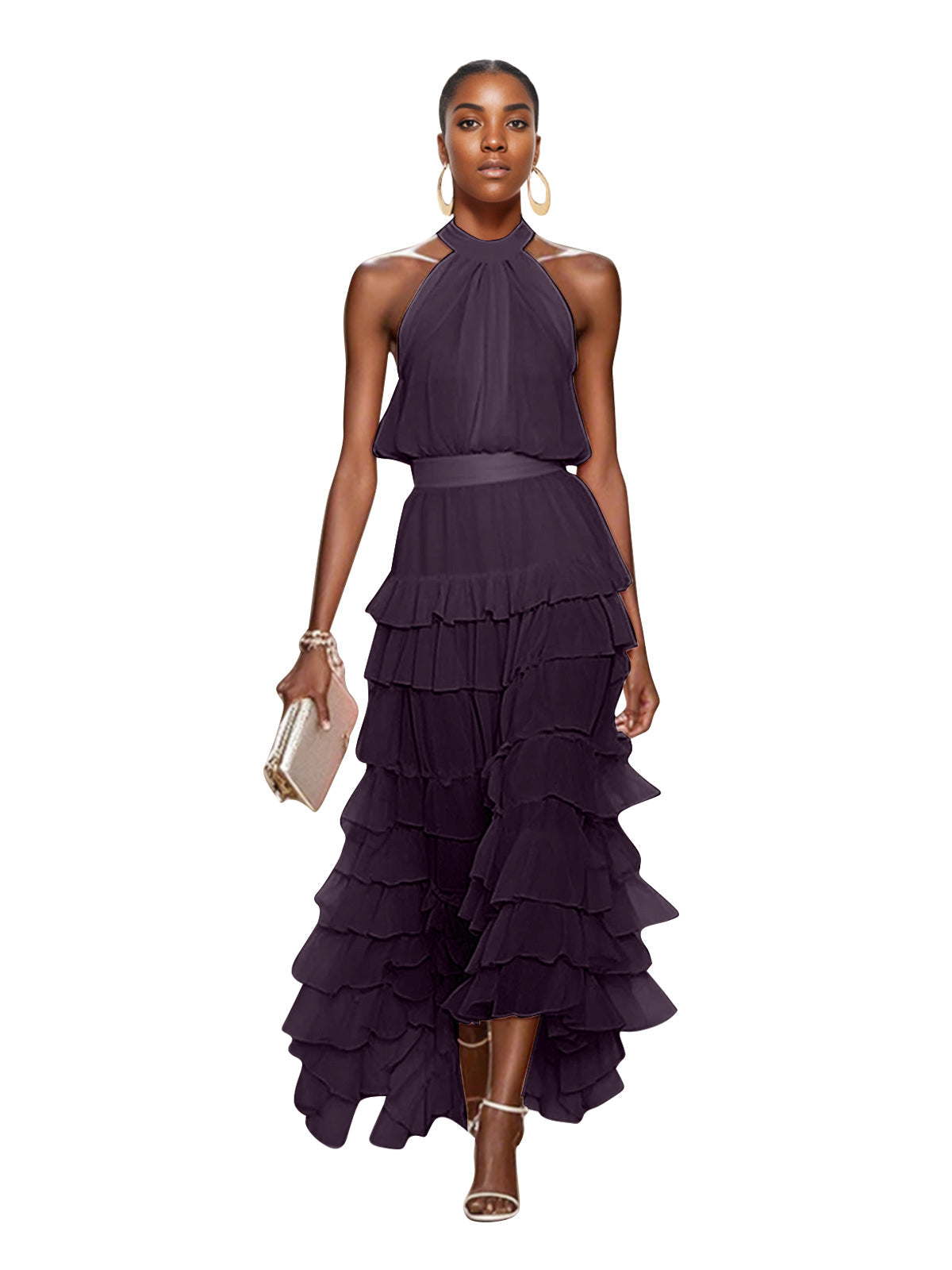 A Line Pink Chiffon Halter Neck Sleeveless Ankle Length Dress With Cascading Ruffles