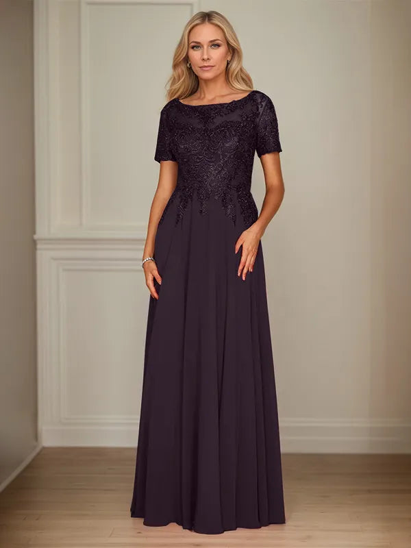 A-Line Chiffon Boat Neck Short Sleeves Floor-Length Mother of the Bride Dresses