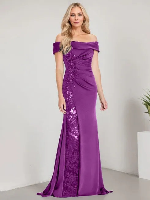 A-Line Off-the-Shoulder Floor-Length Mother of the Bride Dress Applique Beadings Mermaid Dress With High Split