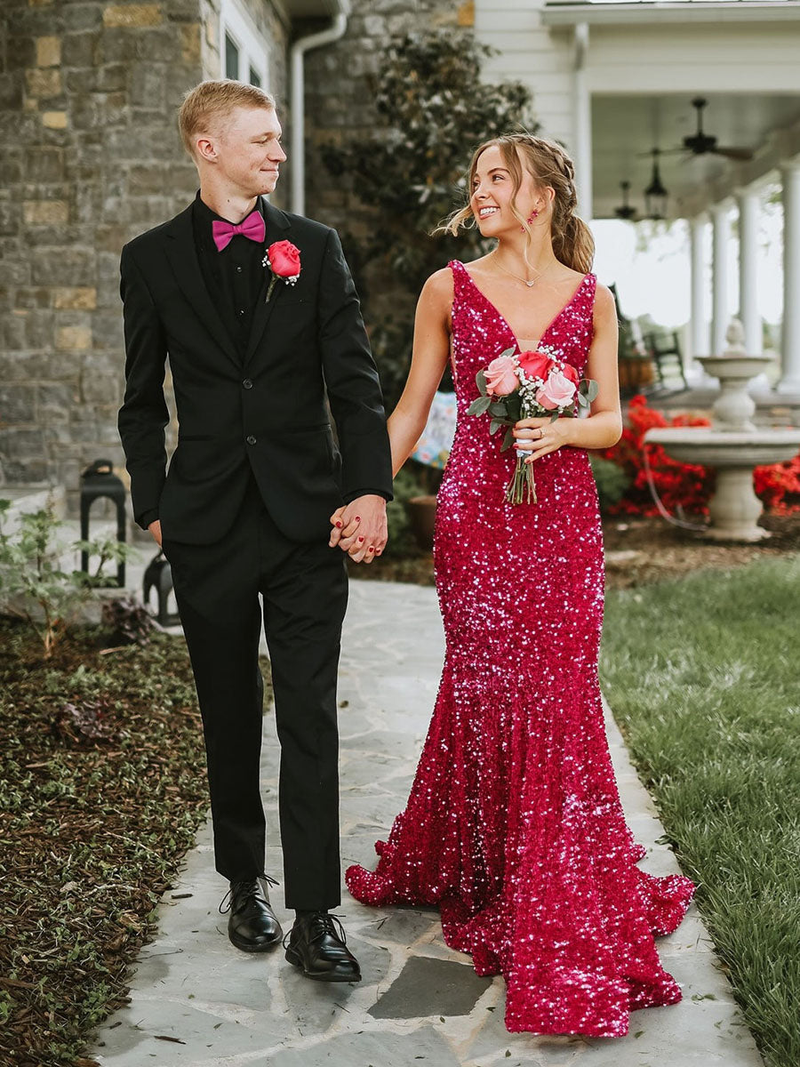 Plunge Neck Sequin Mermaid Long Prom Dress