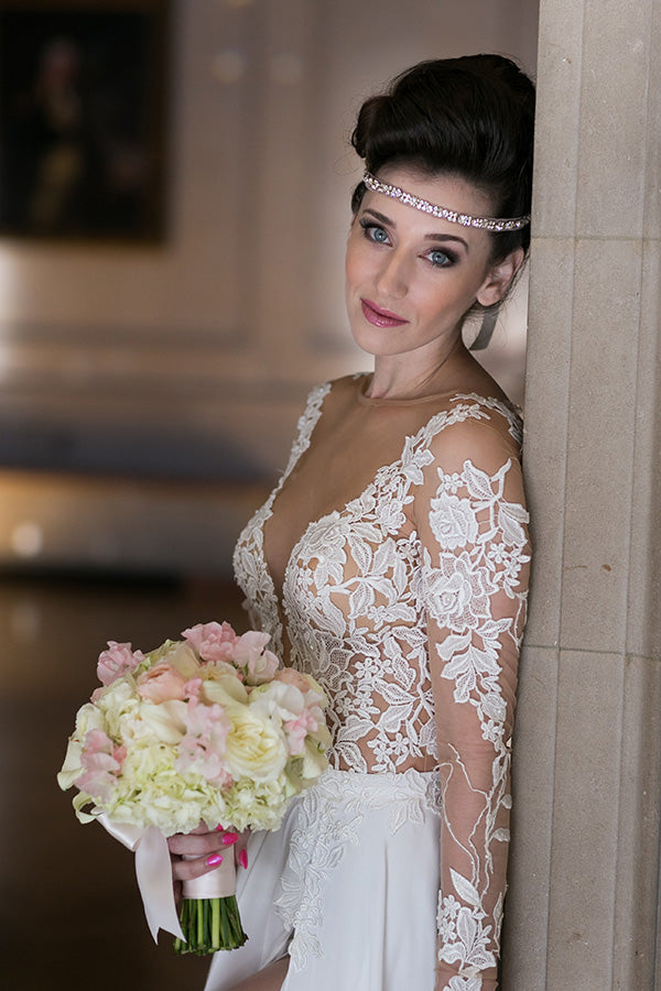Plunging Neck Long Sleeve Summer Beach Wedding Dress Chiffon Split Beach Bridal Gowns
