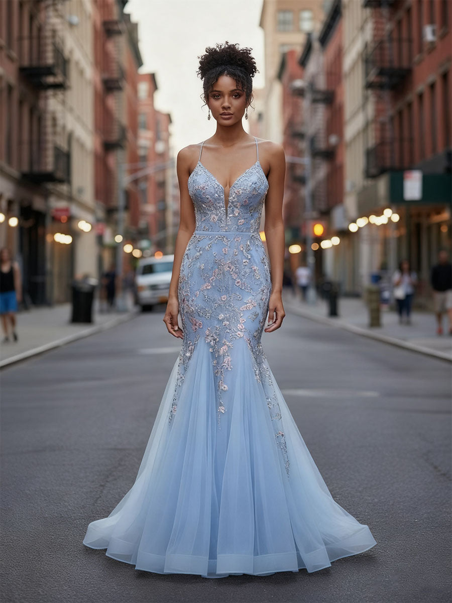 Plunging V-Neck Tulle Mermaid Prom Dress with Floral Embroidery