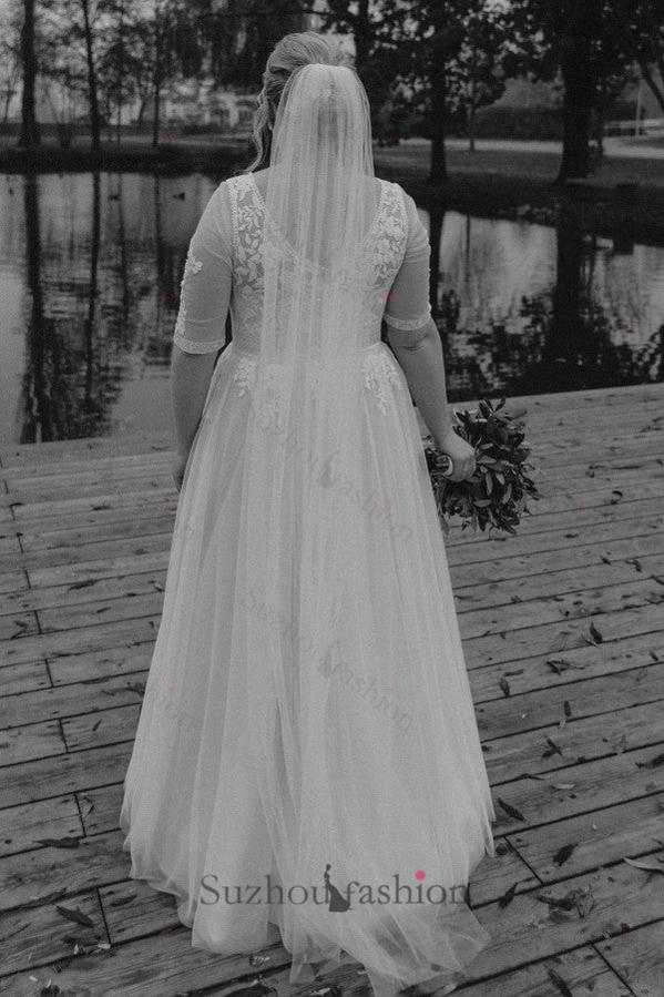 Plus Size Beach Wedding Dress Half Sleeve A Line Lace Bridal Gown