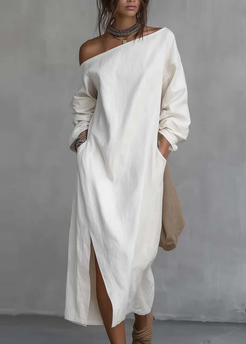 Plus Size Black Cold Shoulder Side Open Cotton Dress Long Sleeve