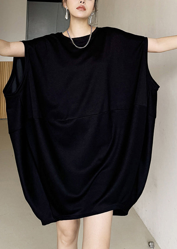 Plus Size Black O Neck Patchwork Cotton Dresses Sleeveless