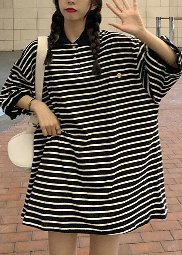 Plus Size Black Striped Cotton Peter Pan Collar Button Summer Mid Dress