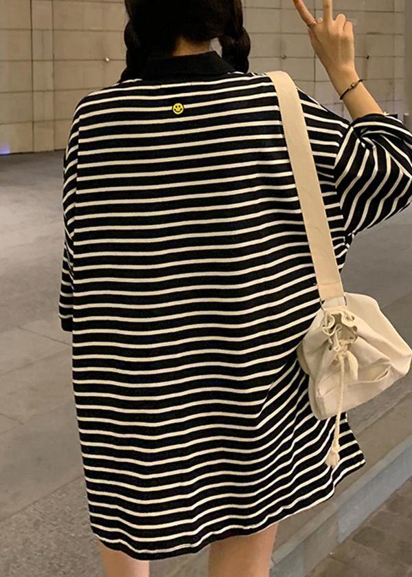 Plus Size Black Striped Cotton Peter Pan Collar Button Summer Mid Dress