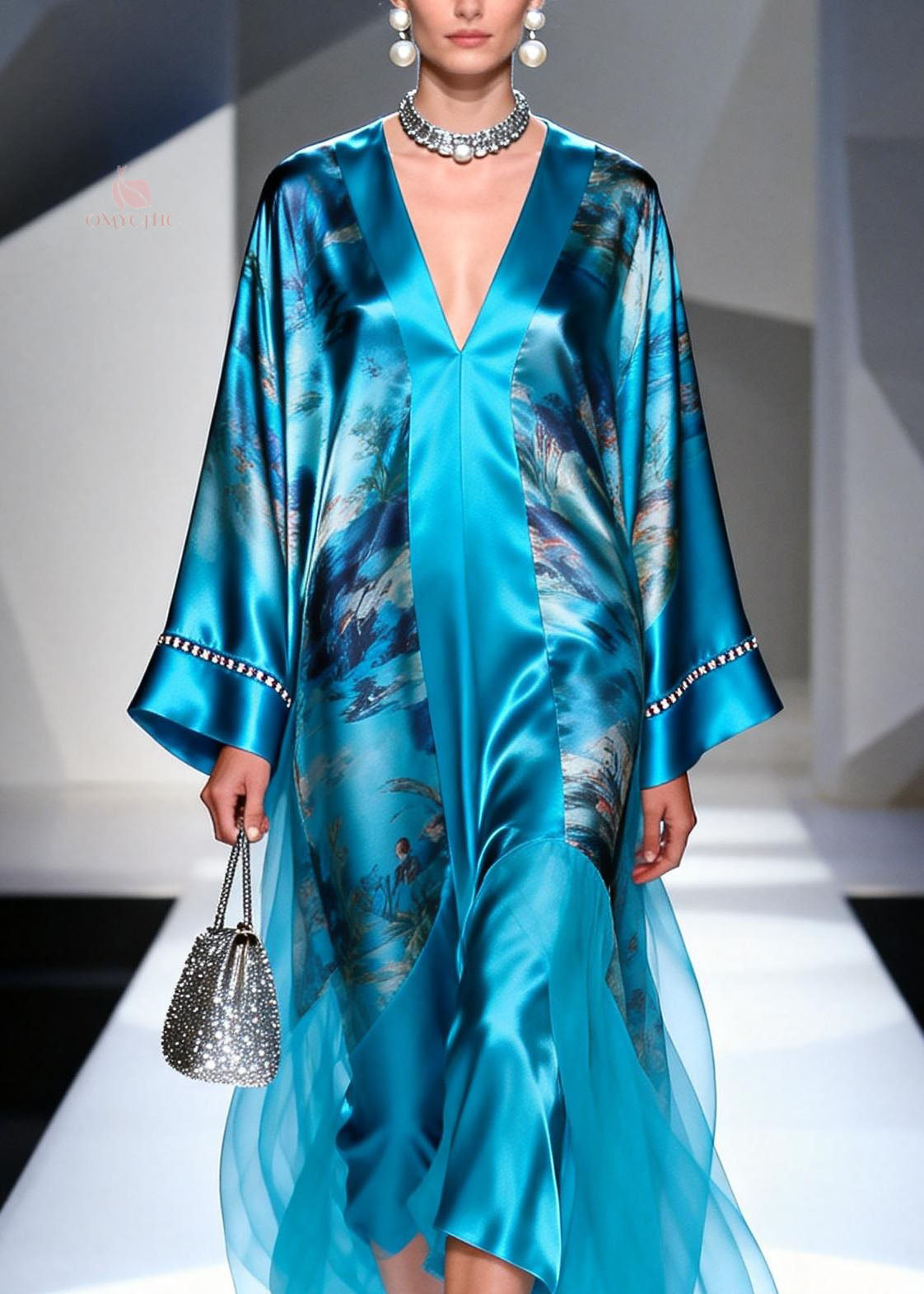 Plus Size Blue V Neck Print Zircon Silk Long Dress Spring