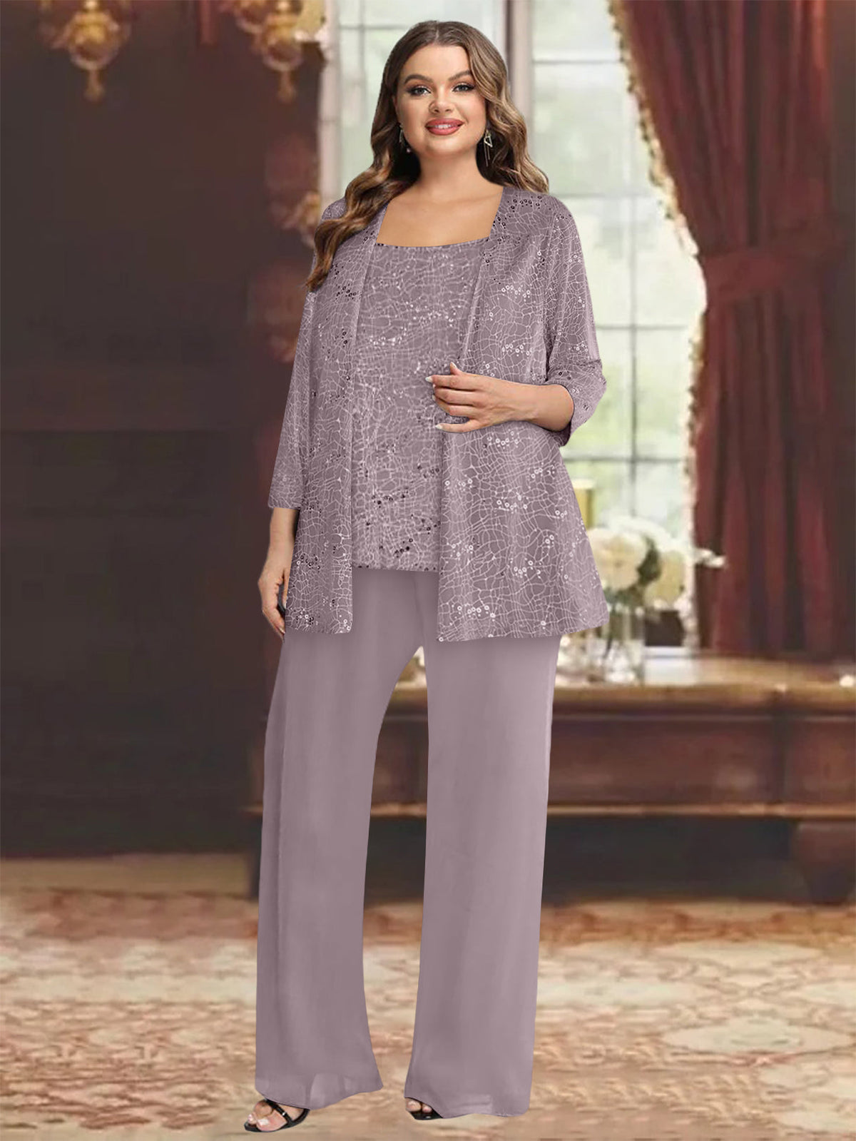 Plus Size Chiffon Mother of the Bride Pantsuit with Sequined Jacket