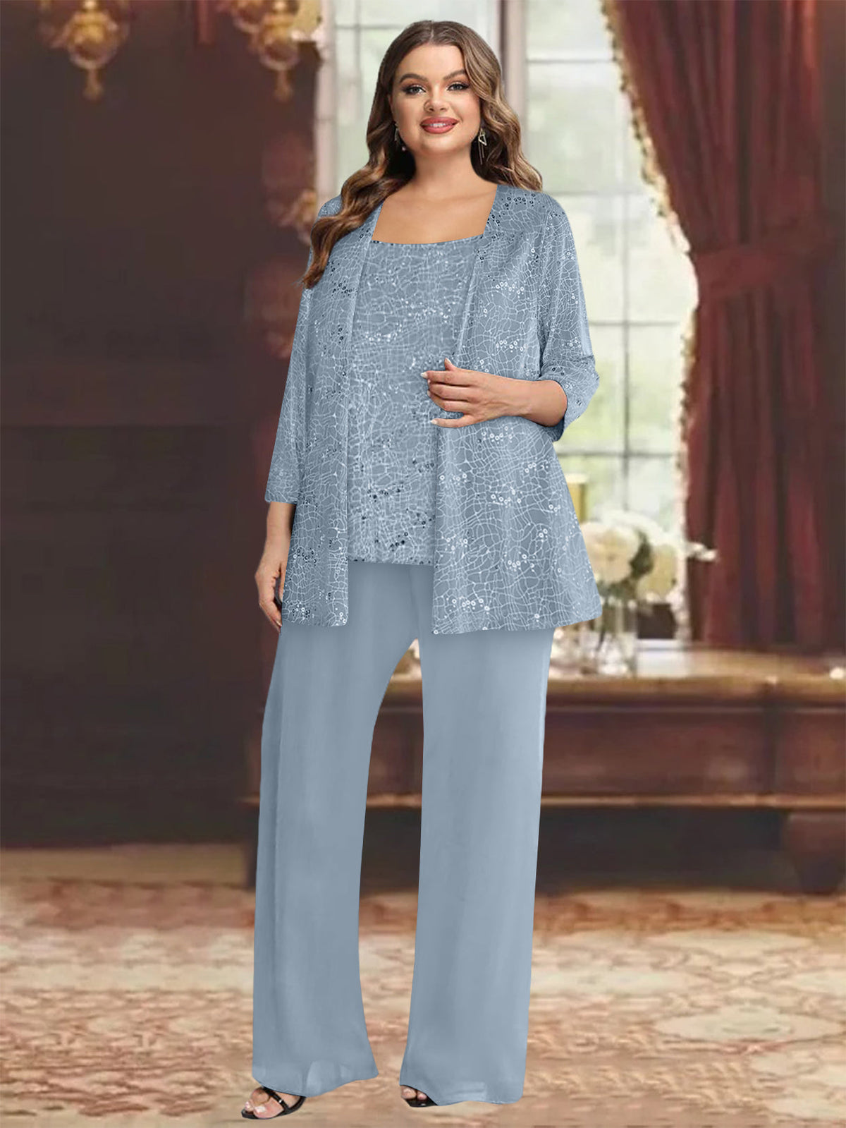 Plus Size Chiffon Mother of the Bride Pantsuit with Sequined Jacket