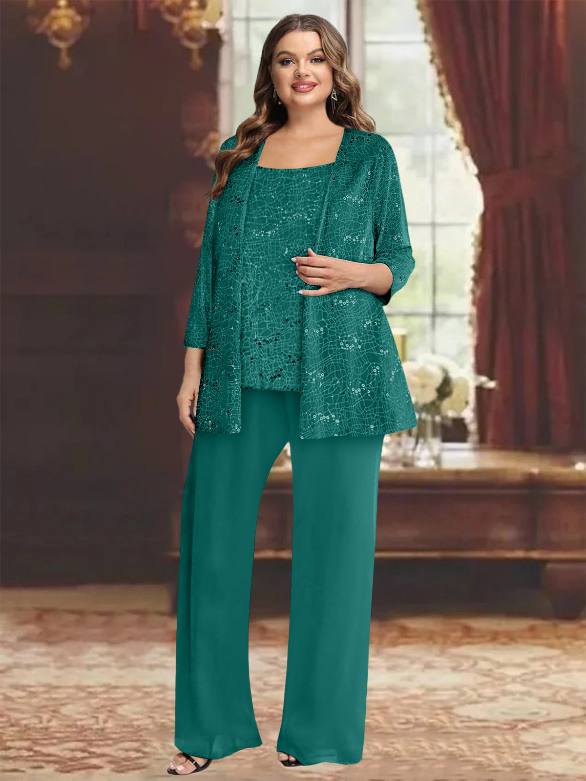 Plus Size Chiffon Mother of the Bride Pantsuit with Sequined Jacket