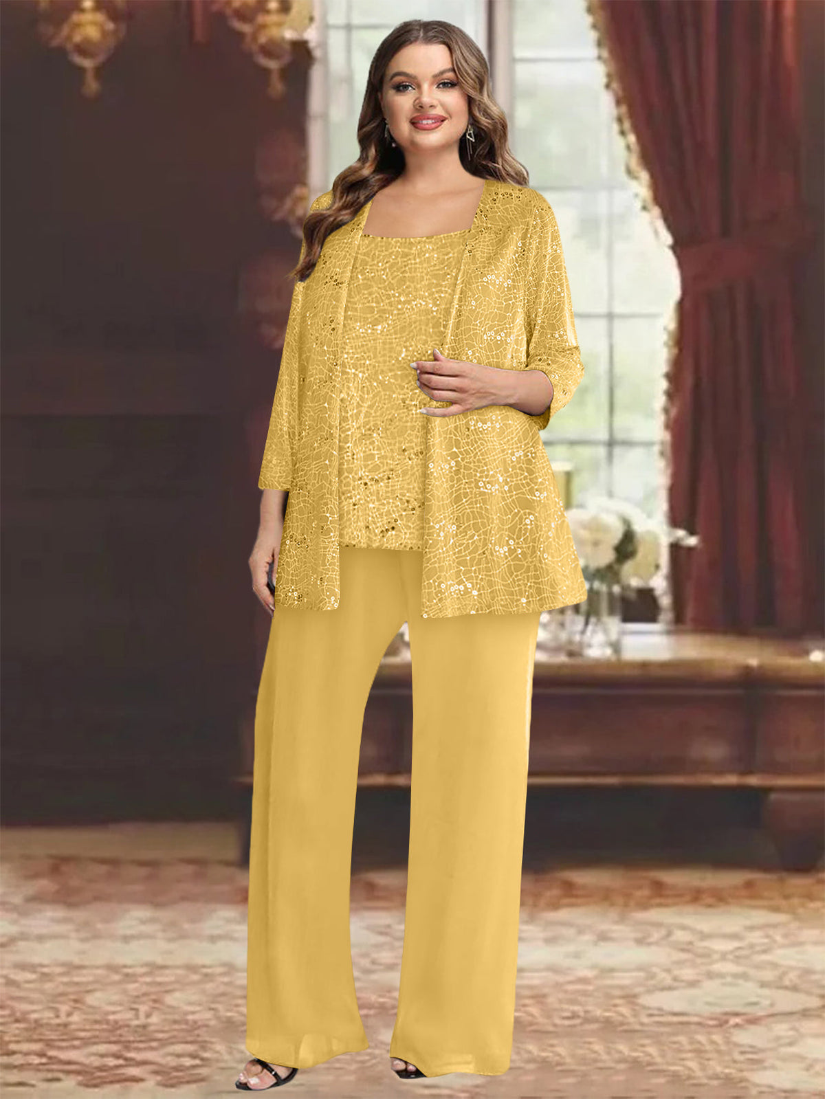 Plus Size Chiffon Mother of the Bride Pantsuit with Sequined Jacket