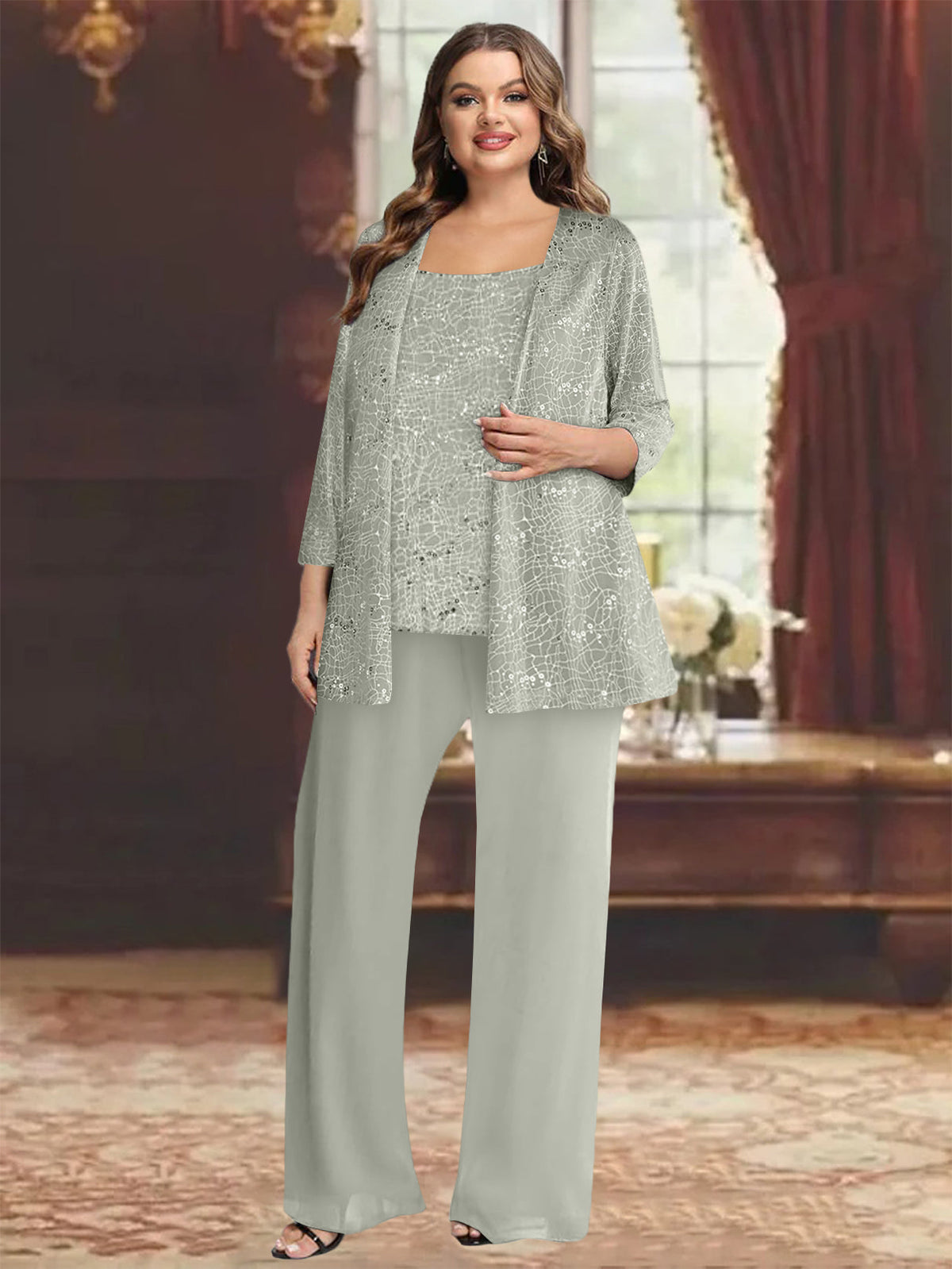 Plus Size Chiffon Mother of the Bride Pantsuit with Sequined Jacket
