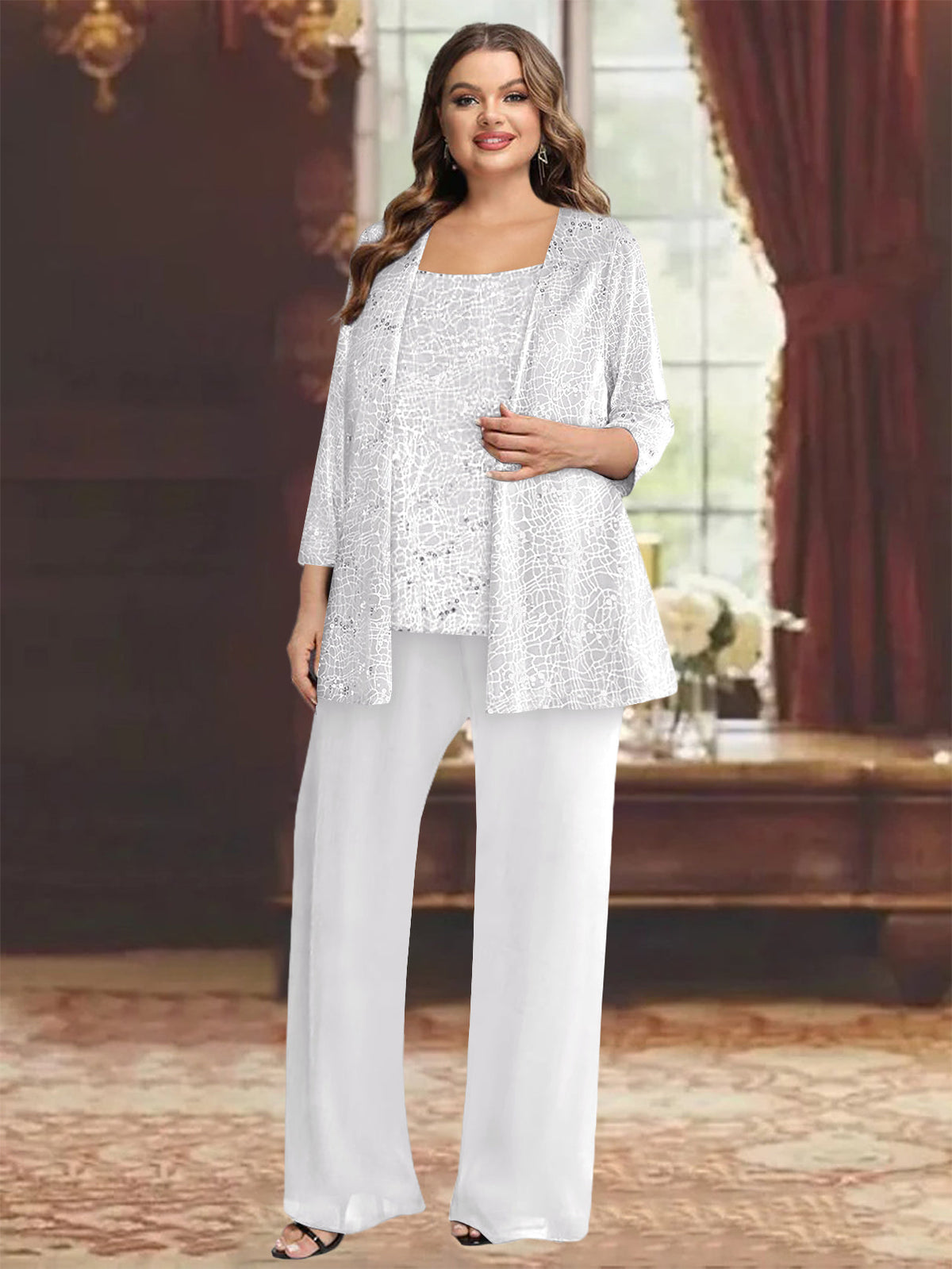 Plus Size Chiffon Mother of the Bride Pantsuit with Sequined Jacket