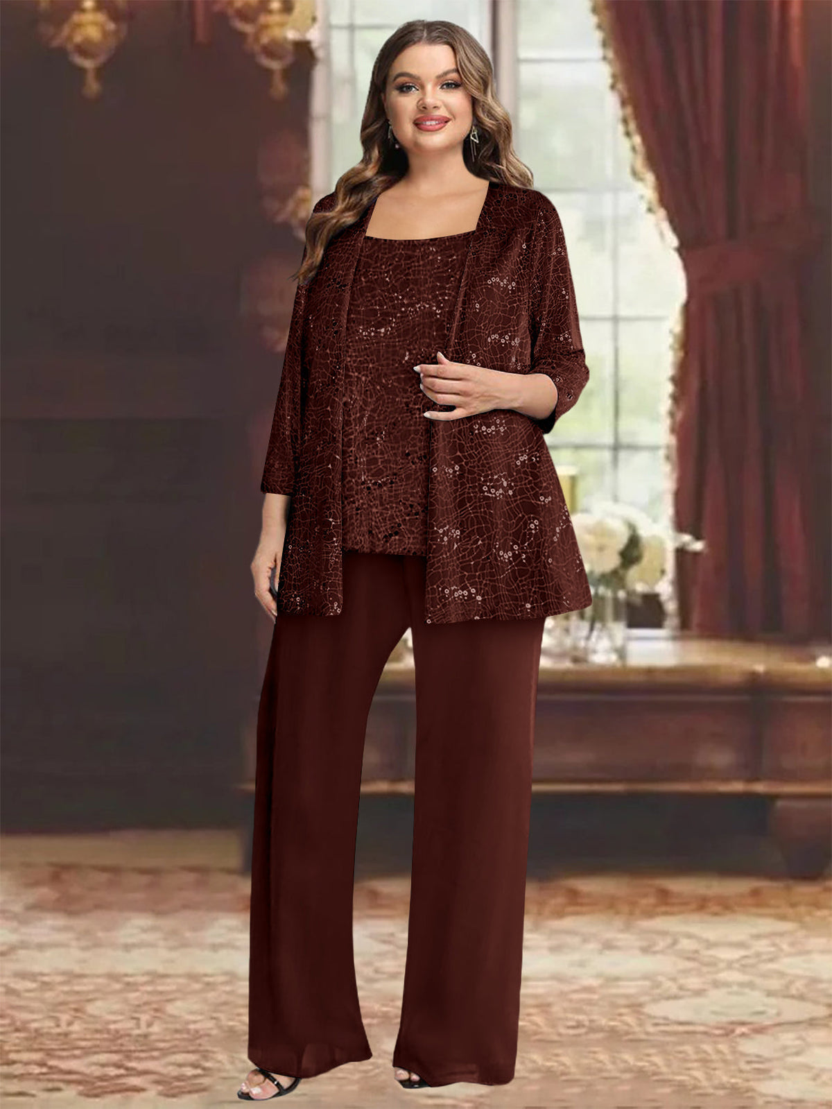 Plus Size Chiffon Mother of the Bride Pantsuit with Sequined Jacket