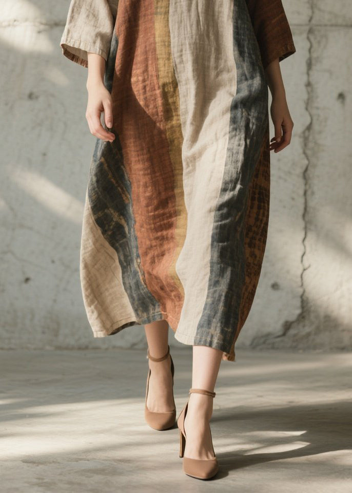 Plus Size Colorblock O Neck Cotton Long Dress Summer