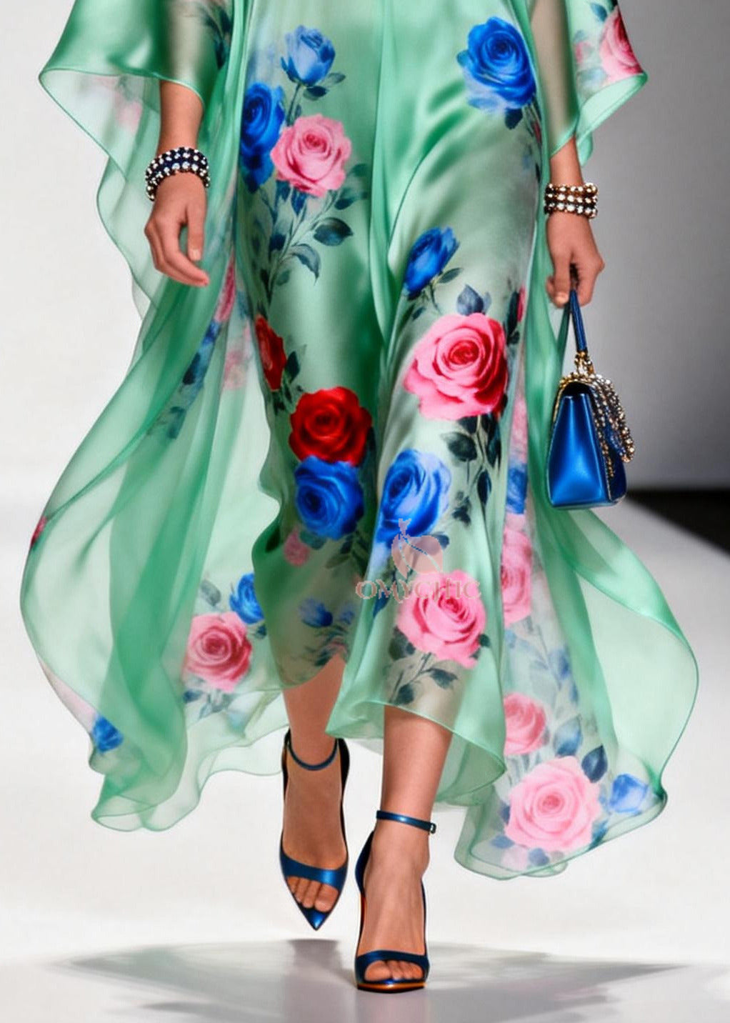 Plus Size Green Oversized Floral Print Chiffon Beach Dress Summer