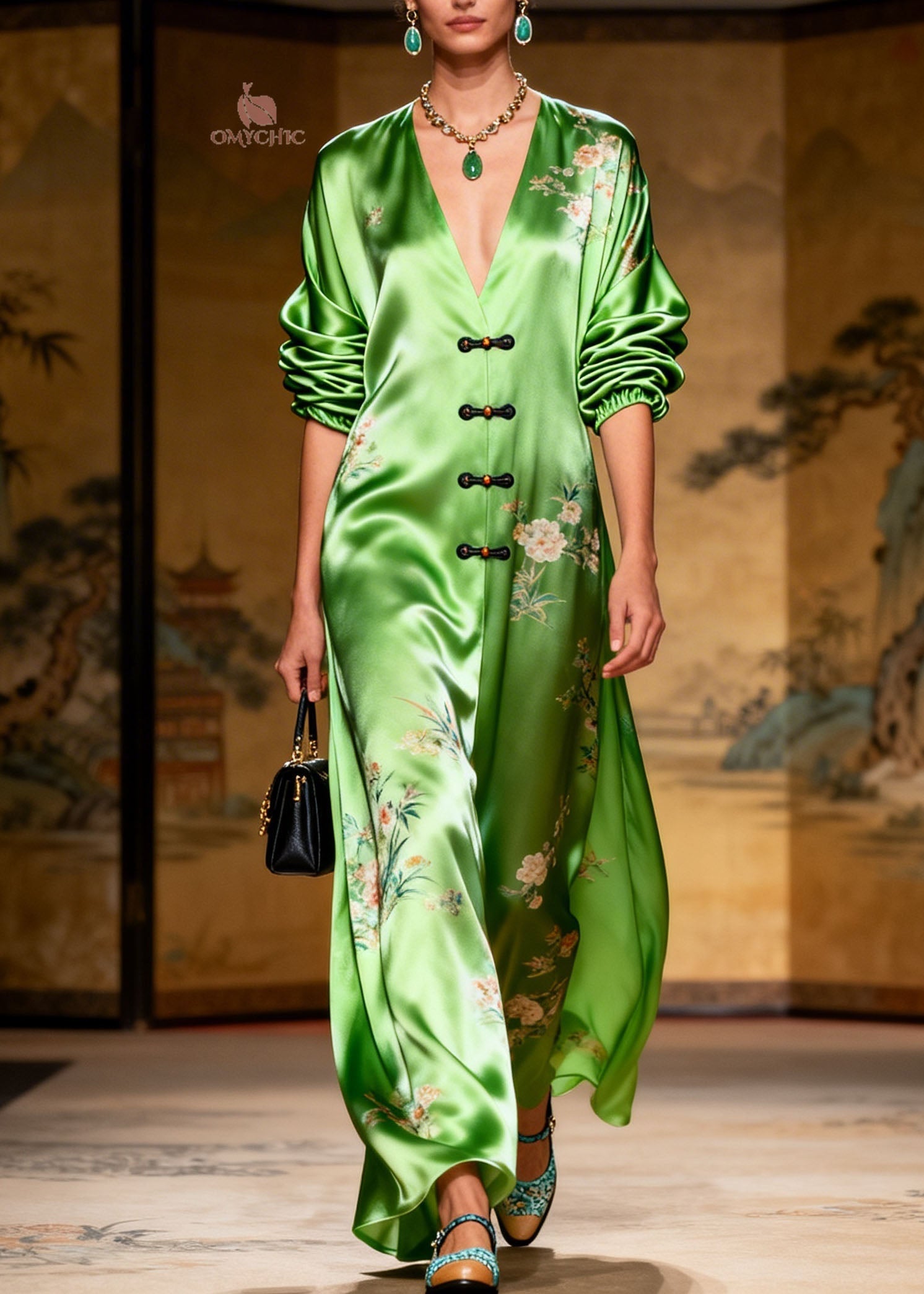 Plus Size Green V Neck Print Chinese Button Silk Long Dress Summer