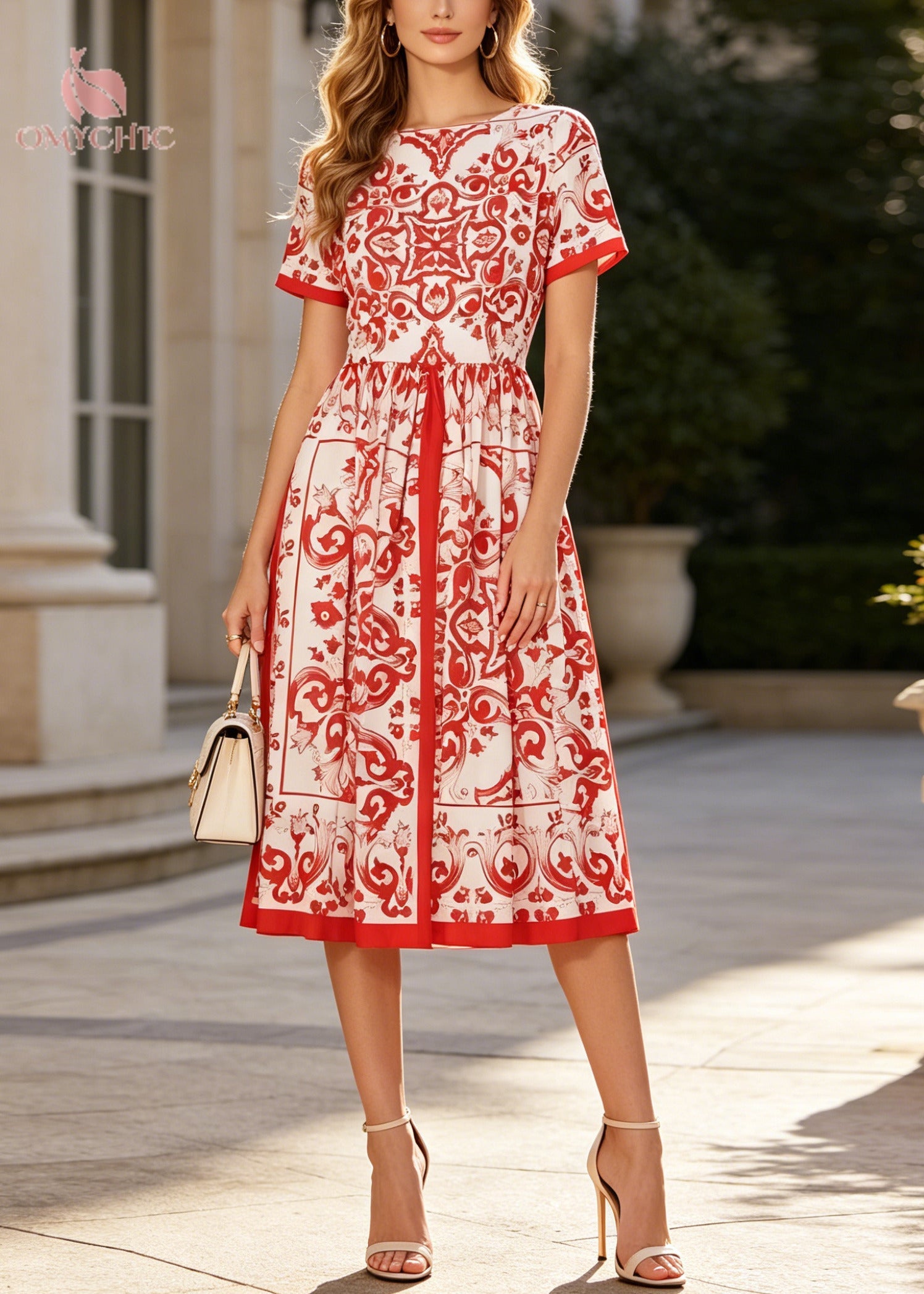 Plus Size Red Print Exra Large Hem Cotton Tea Dresses Summer
