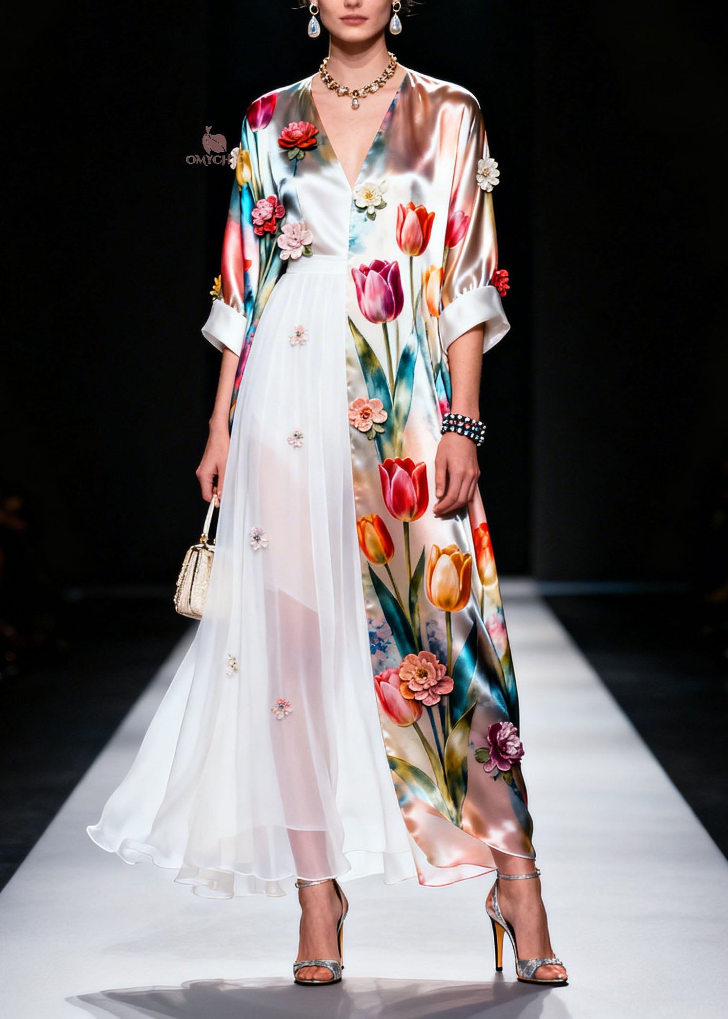 Plus Size V Neck Asymmetrical Design Floral Silk Dress Summer