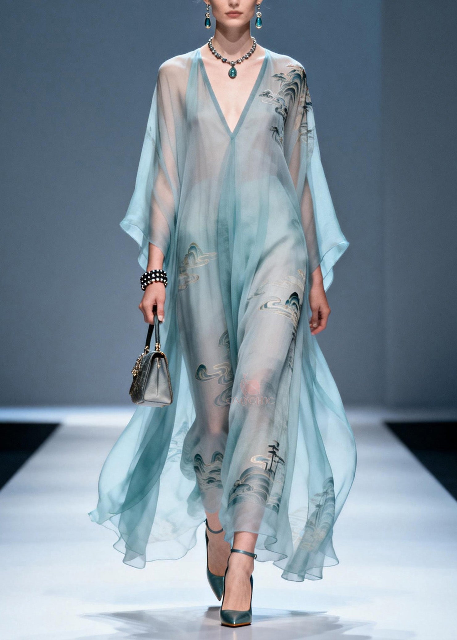 Plus Size V Neck Print Chiffon Long Dresses Summer