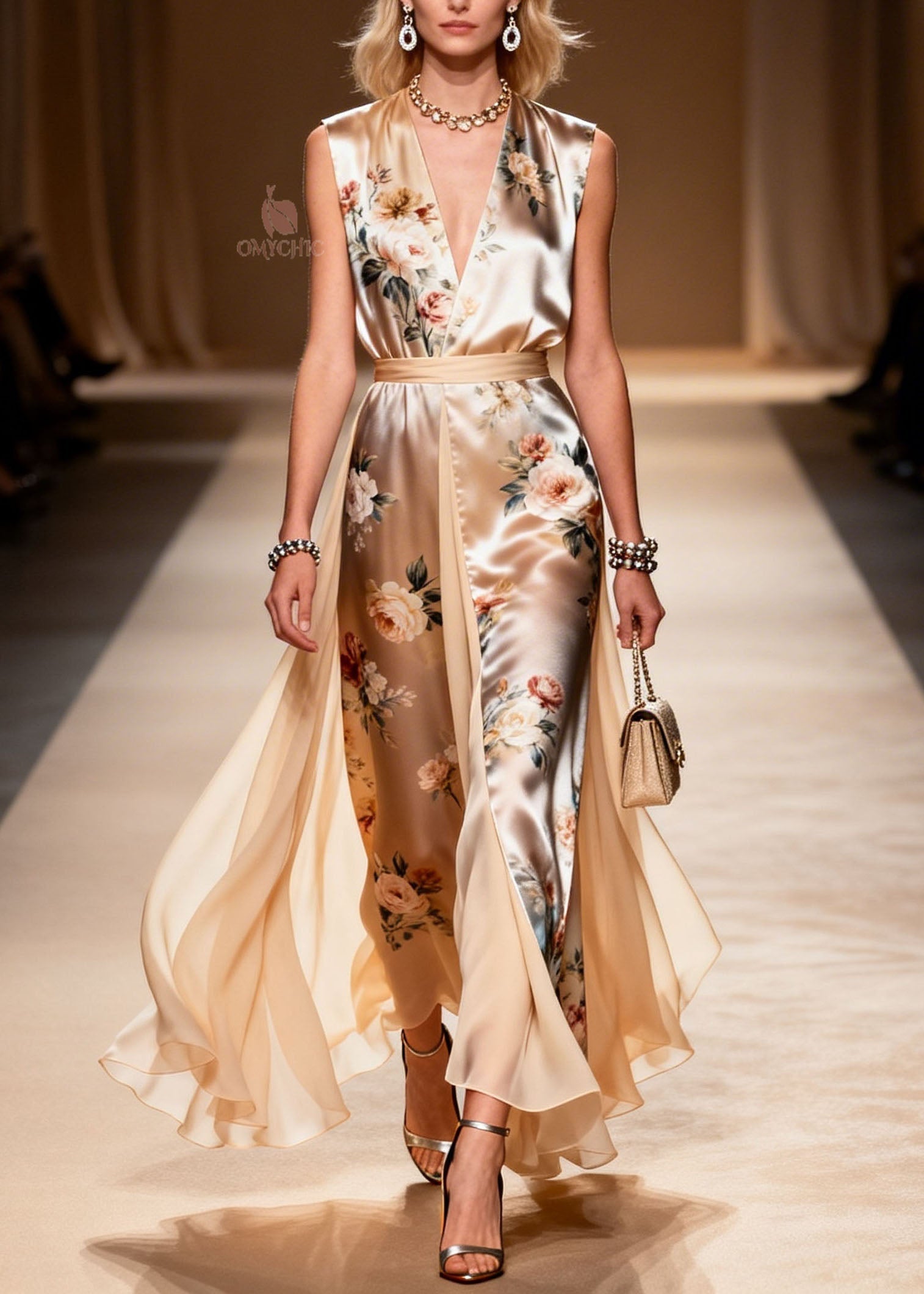 Plus Size V Neck Print Patchwork Chiffon Dress Sleeveless