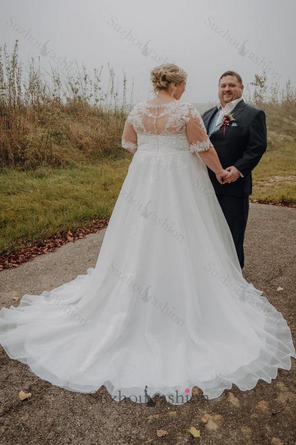 Plus Size Wedding Dress A Line Bateau Neck Half Sleeve Bridal Gown with Lace