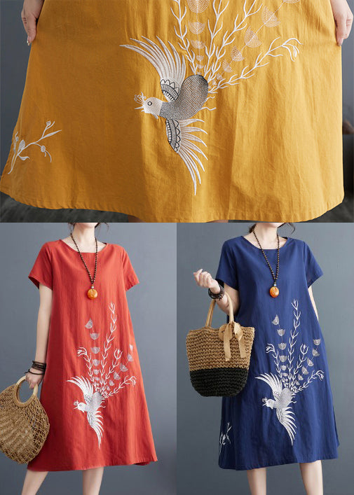 Plus Size Yellow Embroidered Linen A Line Dress Summer