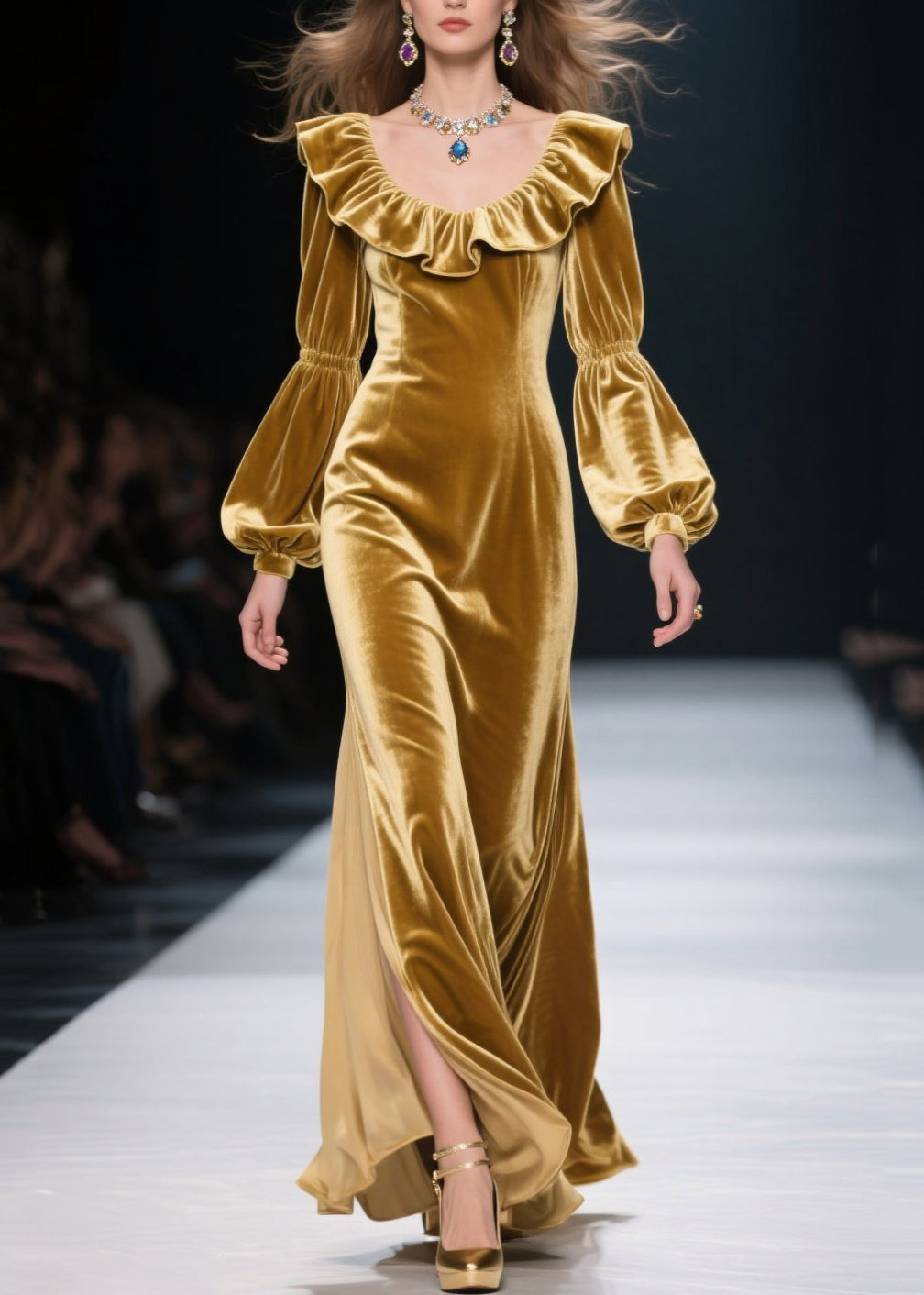 Plus Size Yellow Ruffled Patchwork Velvet Long Dress Fall