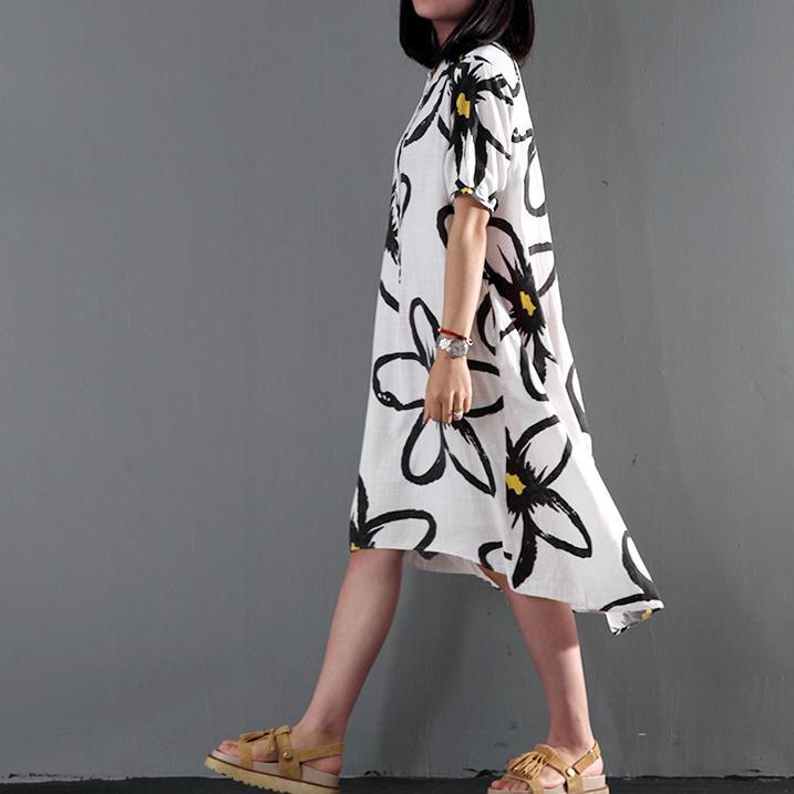 Plus Size Sundress White Linen Summer Maxi Dress Floral Shift Dresses